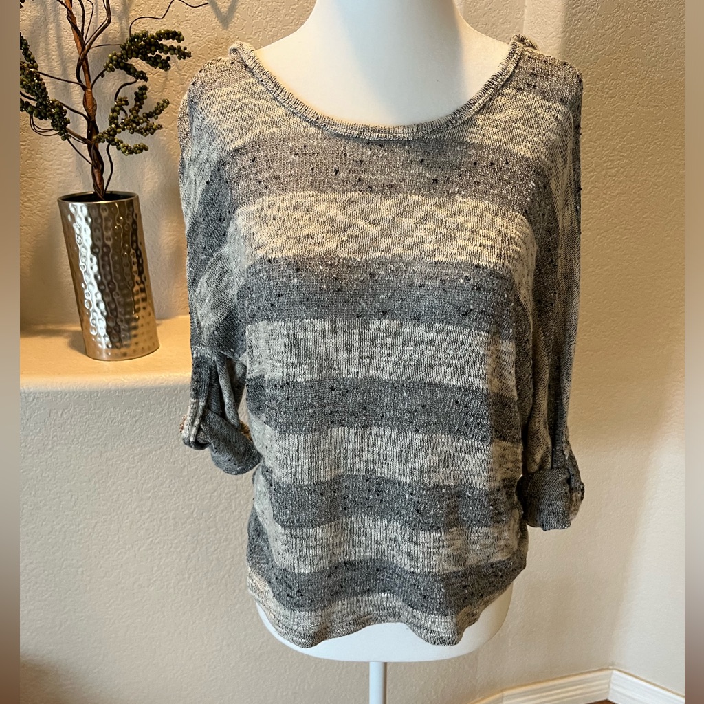 Charlotte Russe Marled Lightweight Knit Striped Hooded Roll Tab 3/4 Sleeve Med